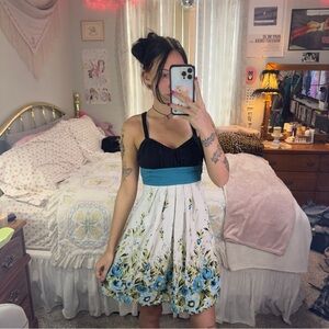 Y2K Floral Blue and Black Babydoll Dress